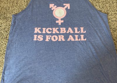 blue tank top with words "Kickball is for all"